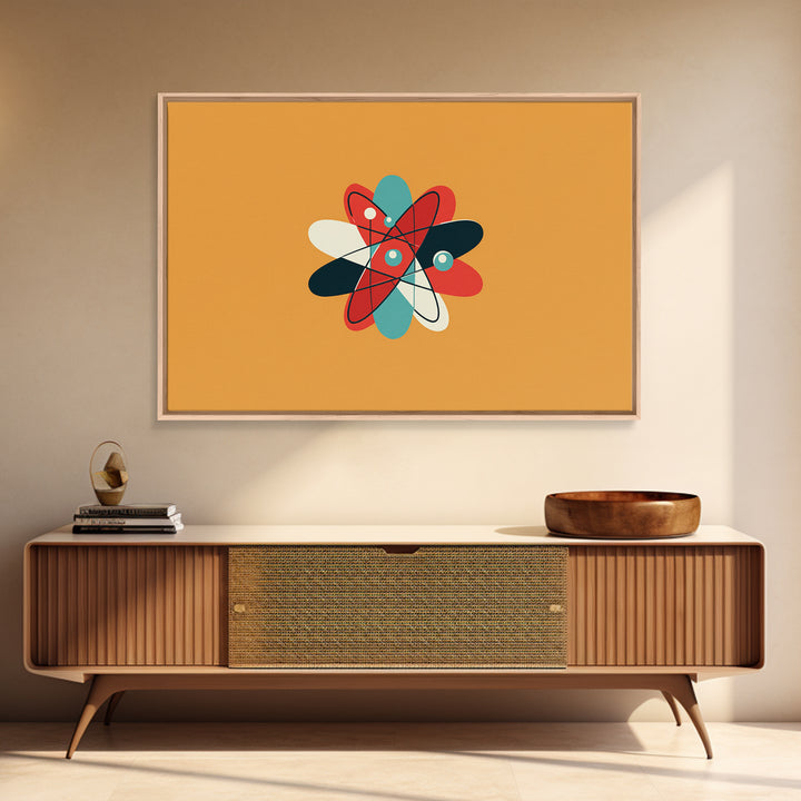 Flat Atomic Flower On Mustard Wall Art, Midcentury Modern Art, Geometric Poster, Retro Wall Decor For Kids Room And Nursery