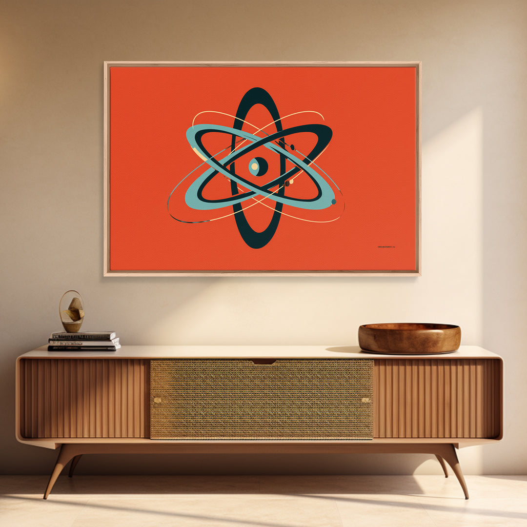 Teal Black Atomic Orbit On Orange Framed Canvas Print, Retro Modern Poster, Midcentury Wall Art, Bold MCM Wall Decor Art
