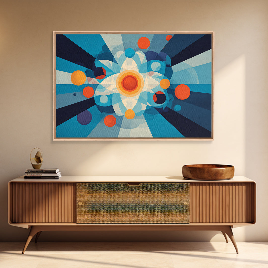 Geometric Atomic Burst With Circles Wall Art, Midcentury Modern Art, Blue Orange Abstract Poster, Statement Wall Decor Art