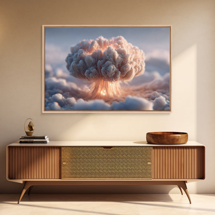 Dreamy Peach Mushroom Cloud Framed Canvas Print, Modern Abstract Art, Surreal Cloudscape, Soft Pastel Bedroom Decor, Gallery Wall Art
