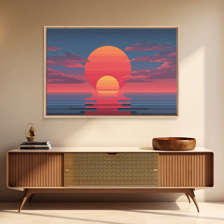 Retro Double Sun Ocean Wall Art, Midcentury Modern Art Print, Vaporwave Sunset Poster, Pink Blue Living Room Decor, Digital Art Print