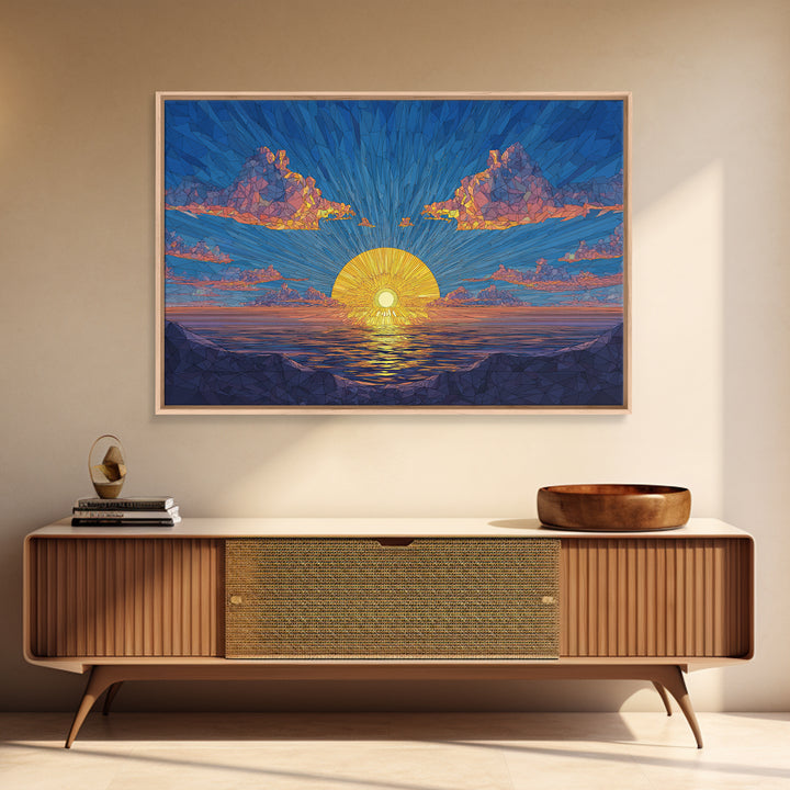 Polygon Sunset Ocean Framed Canvas Print, Midcentury Modern Wall Art, Geometric Seascape Poster, Colorful Home Decor, Blue Art Print
