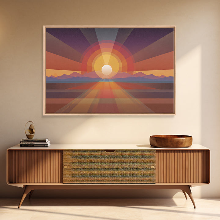 Geometric Desert Sunrise Wall Art, Midcentury Modern Abstract Art, Orange Sun Poster, Boho Southwestern Home Decor, Canvas Print