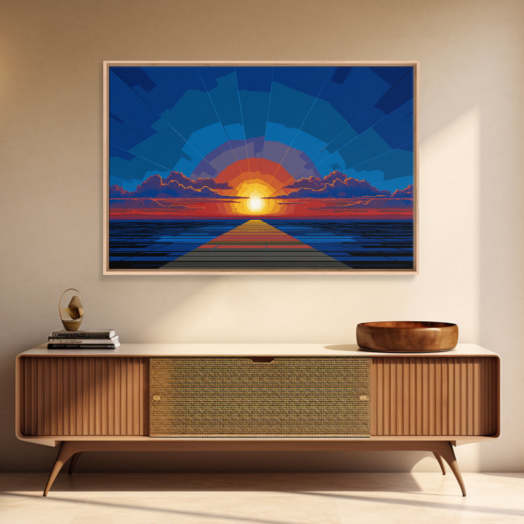 Bold Blue Sunset Pier Canvas Print, Retro Modern Wall Art, Midcentury Ocean Poster, Graphic Living Room Wall Decor, Large Art Print