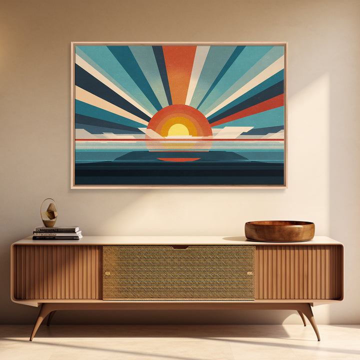 Retro Radial Sunrise Ocean Framed Canvas Print, Midcentury Modern Wall Art, Teal Orange Poster, Atomic MCM Decor, Living Room Art