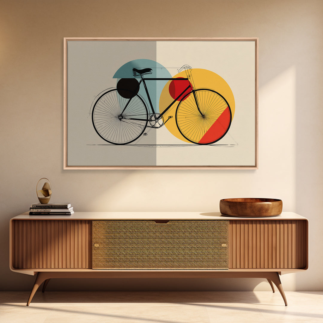 Minimalist Bicycle Framed Canvas Print, Midcentury Modern Wall Art, Orange Yellow Circle Decor, Geometric Bike Poster Gift