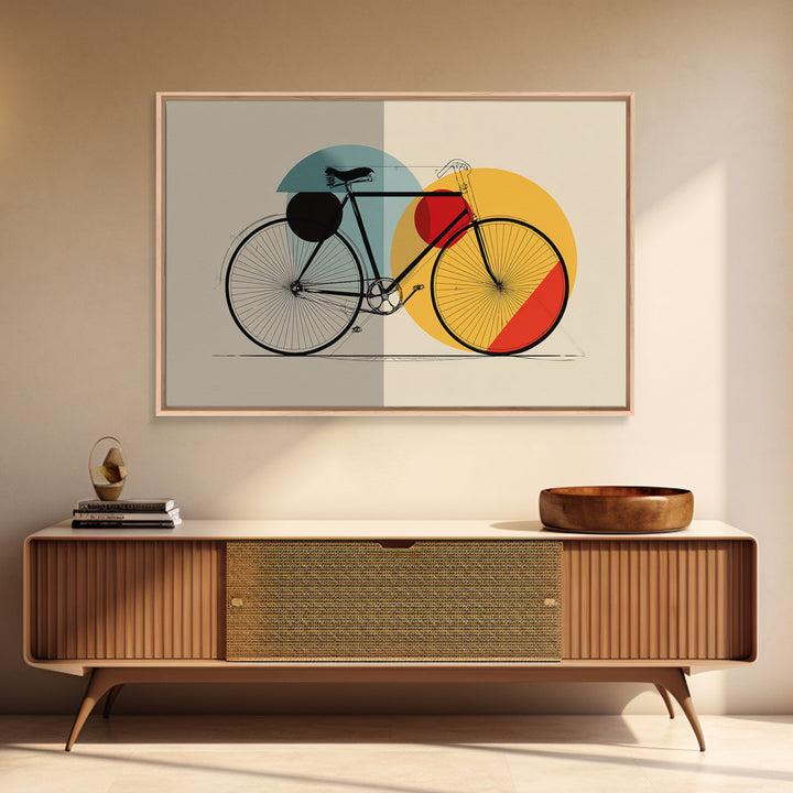 Minimalist Bicycle Framed Canvas Print, Midcentury Modern Wall Art, Orange Yellow Circle Decor, Geometric Bike Poster Gift