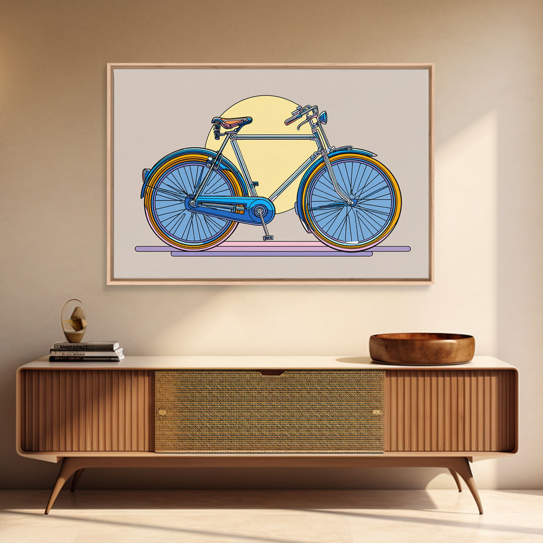 Blue Cruiser Bicycle Canvas Print, Midcentury Modern Wall Art, Retro Bike Poster, Yellow Sun Decor For Home Office Decor Gift