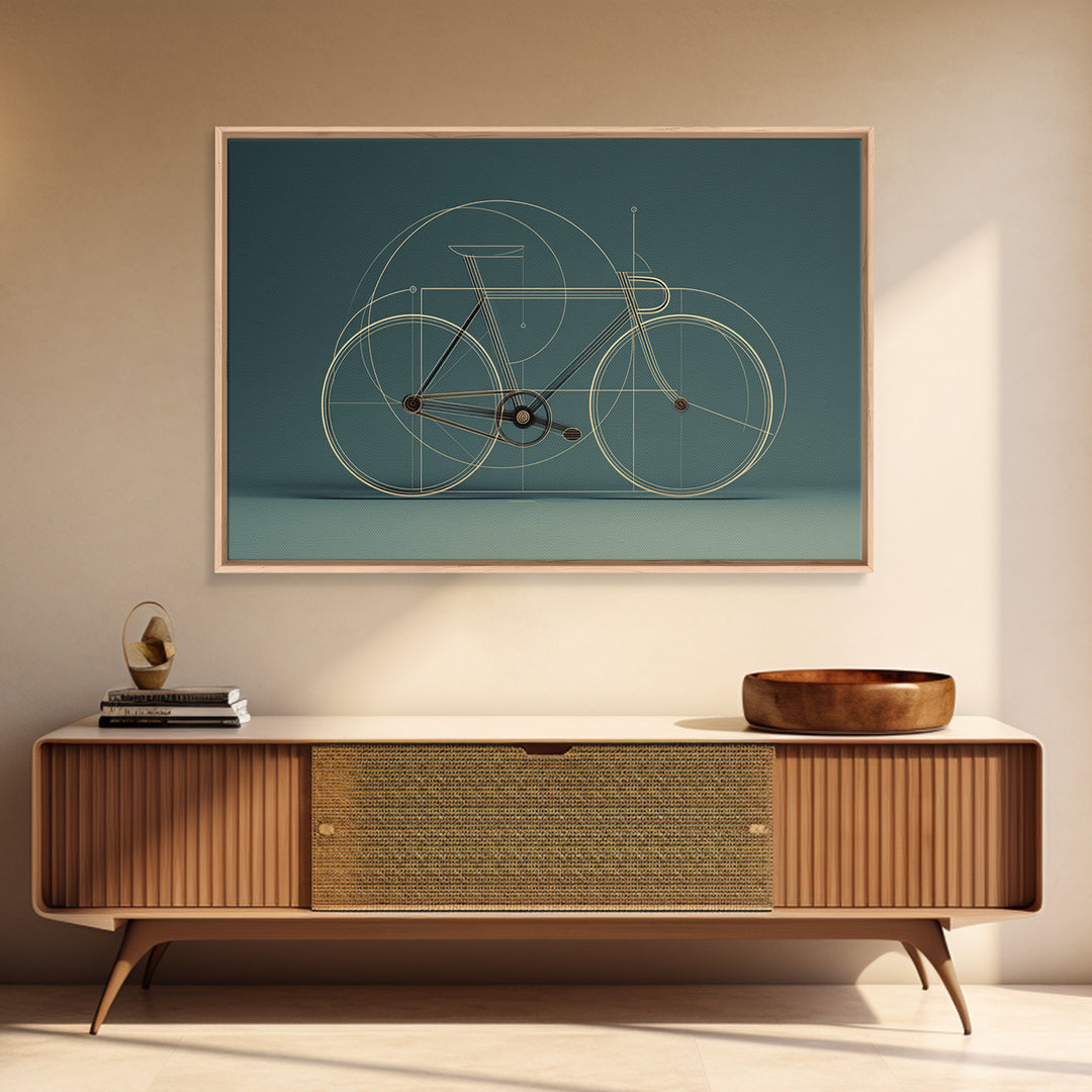 Minimal Line Bicycle Framed Canvas Print, Midcentury Modern Wall Art, Teal Geometric Bike Decor, Office Poster Print Gift