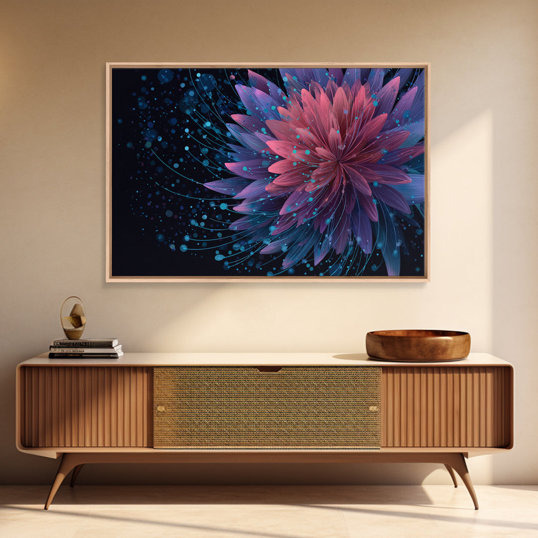 Magenta Purple Dahlia Wall Art, Electric Floral Abstract, Blue Splatter Botanical Poster, Modern Home Decor Canvas Print
