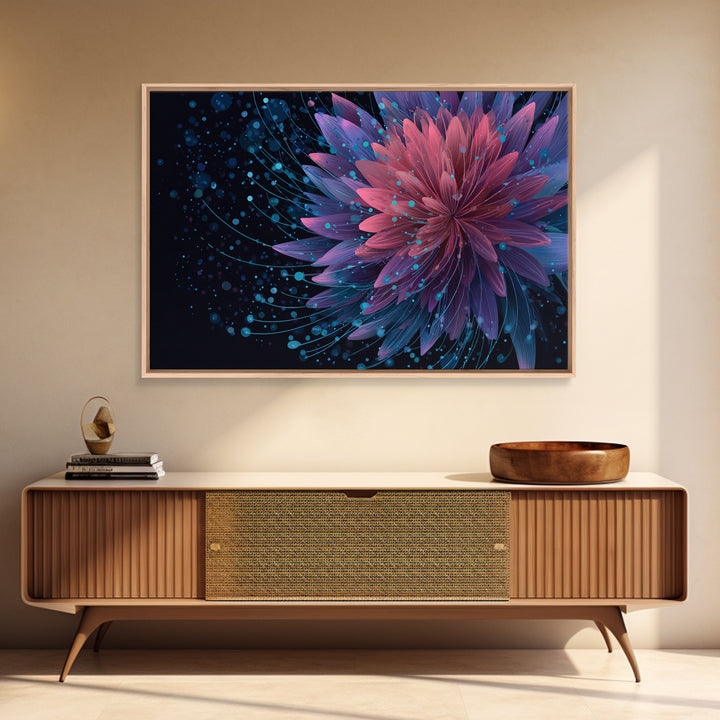 Magenta Purple Dahlia Wall Art, Electric Floral Abstract, Blue Splatter Botanical Poster, Modern Home Decor Canvas Print