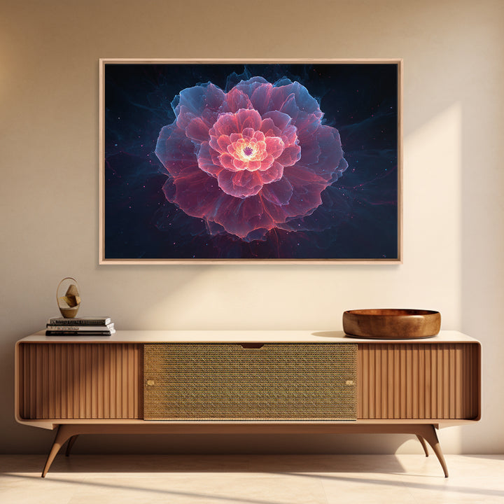 Glowing Pink Peony Canvas Print, Luminous Blue Floral Mandala, Modern Abstract Botanical Wall Art, Romantic Bedroom Decor