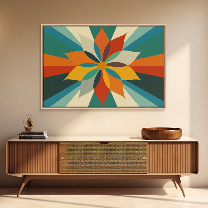 Geometric Orange Teal Flower Wall Art, Mid Century Modern Sunburst, Retro Atomic Floral Poster, Bold MCM Canvas Print Decor