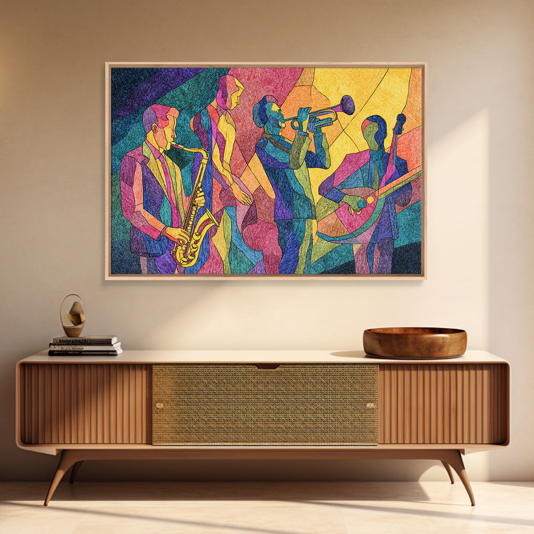 Colorful Cubist Jazz Band With Saxophone And Trumpet Wall Art, Midcentury Modern Art Print, Vibrant Music Room Decor, Poster