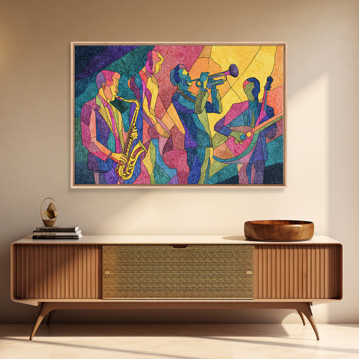 Colorful Cubist Jazz Band With Saxophone And Trumpet Wall Art, Midcentury Modern Art Print, Vibrant Music Room Decor, Poster