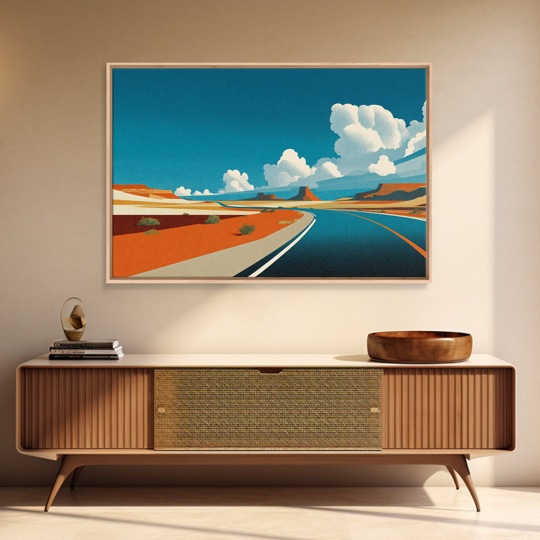 Retro Desert Highway Wall Art, Southwestern Road Landscape, Vintage Travel Poster Style, Mid Century Modern Canvas Print