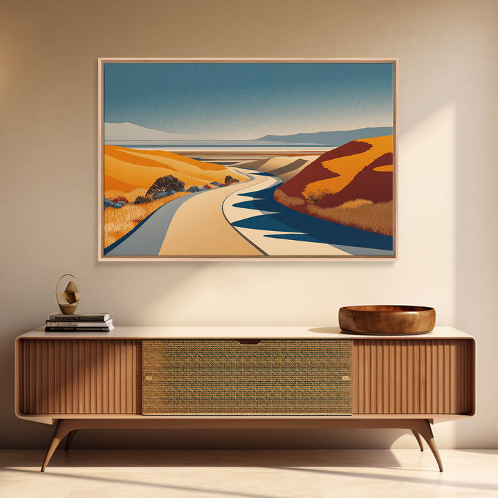 Golden Coastal Road And Orange Hills Wall Art, Midcentury Modern Desert Landscape, Retro Travel Poster, Scenic Home Decor