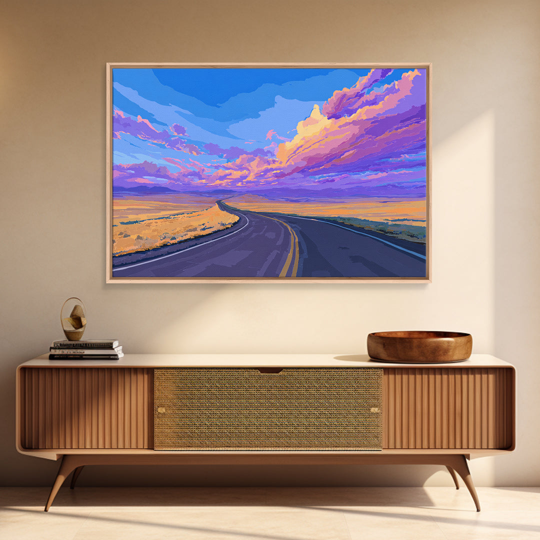 Purple Sunset Open Road Wall Art, Colorful Desert Landscape, Modern Art Print, Retro Poster, Living Room Home Office Decor
