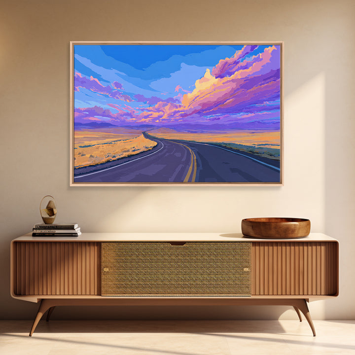 Purple Sunset Open Road Wall Art, Colorful Desert Landscape, Modern Art Print, Retro Poster, Living Room Home Office Decor