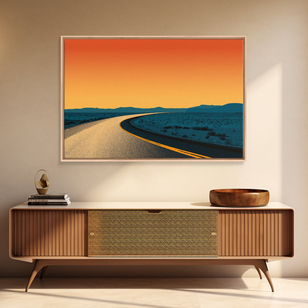 Minimal Desert Road At Orange Dusk Canvas Print, Midcentury Modern Wall Art, Retro Poster, Southwest Home Office Decor Gift