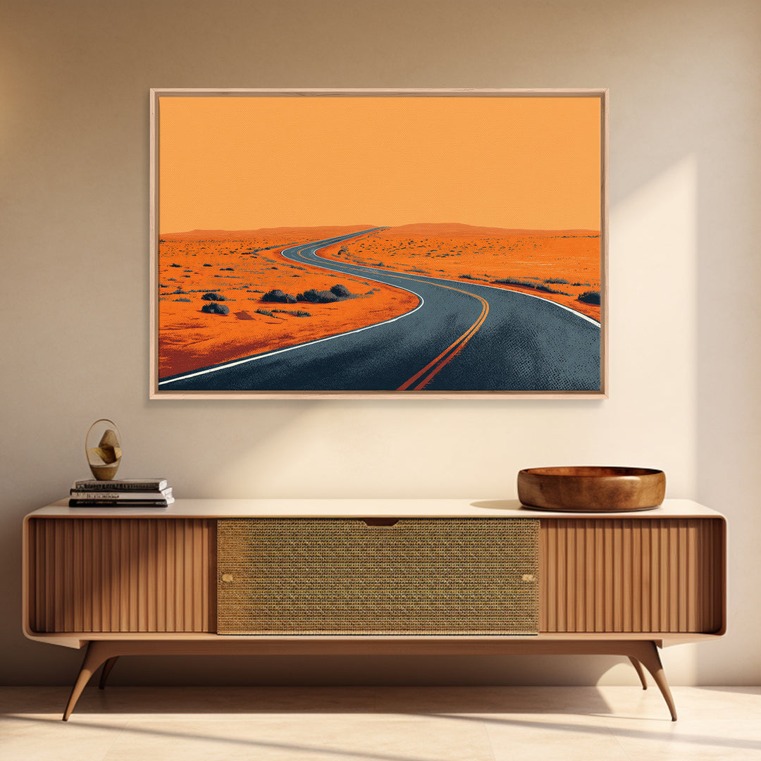Orange Desert Highway Curve Wall Art, Minimalist Landscape, Midcentury Modern Art Print, Retro Road Poster, Mid Century Decor Gift