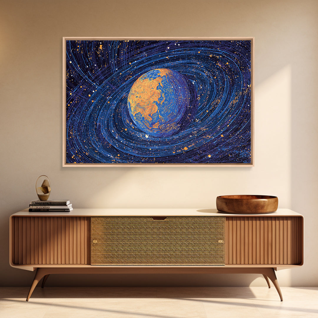 Swirling Blue Orange Planet Wall Art, Cosmic Abstract Space Poster, Modern Digital Art Print, Galaxy Decor, Science Gift