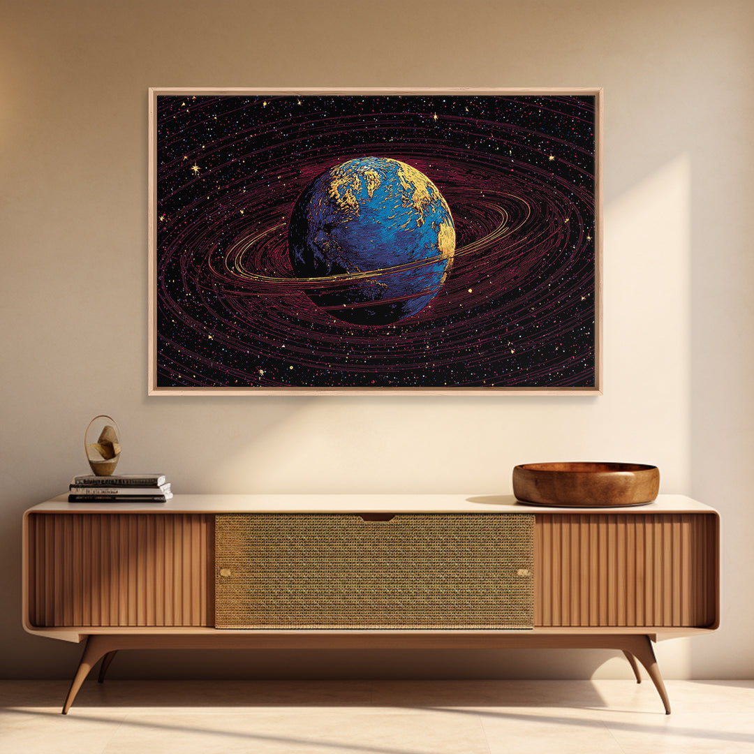 Blue Earth With Golden Rings Wall Art, Cosmic Abstract Space Poster, Modern Digital Art Print, Galaxy Home Office Decor Gift