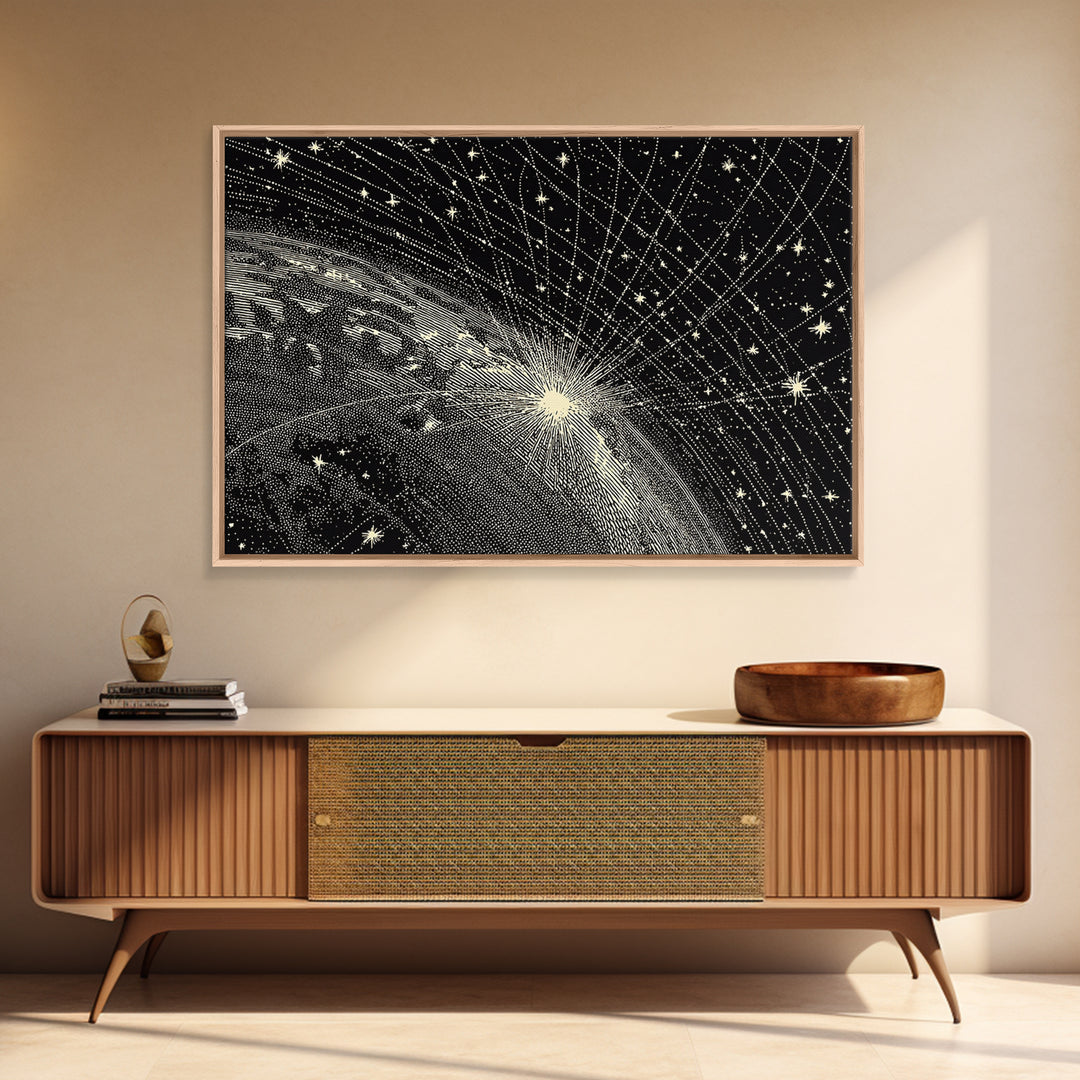 Black And White Earth Sunrise Wall Art, Celestial Space Illustration, Minimalist Art Print, Constellation Poster Decor Gift