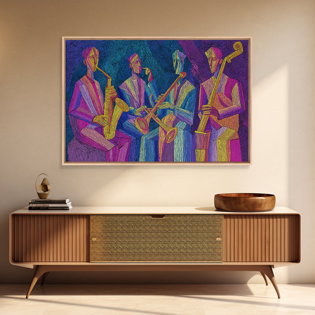 Neon Jazz Quartet With Saxophones And Upright Bass Canvas Print, Midcentury Modern Art, Colorful Retro Music Room Decor, Poster