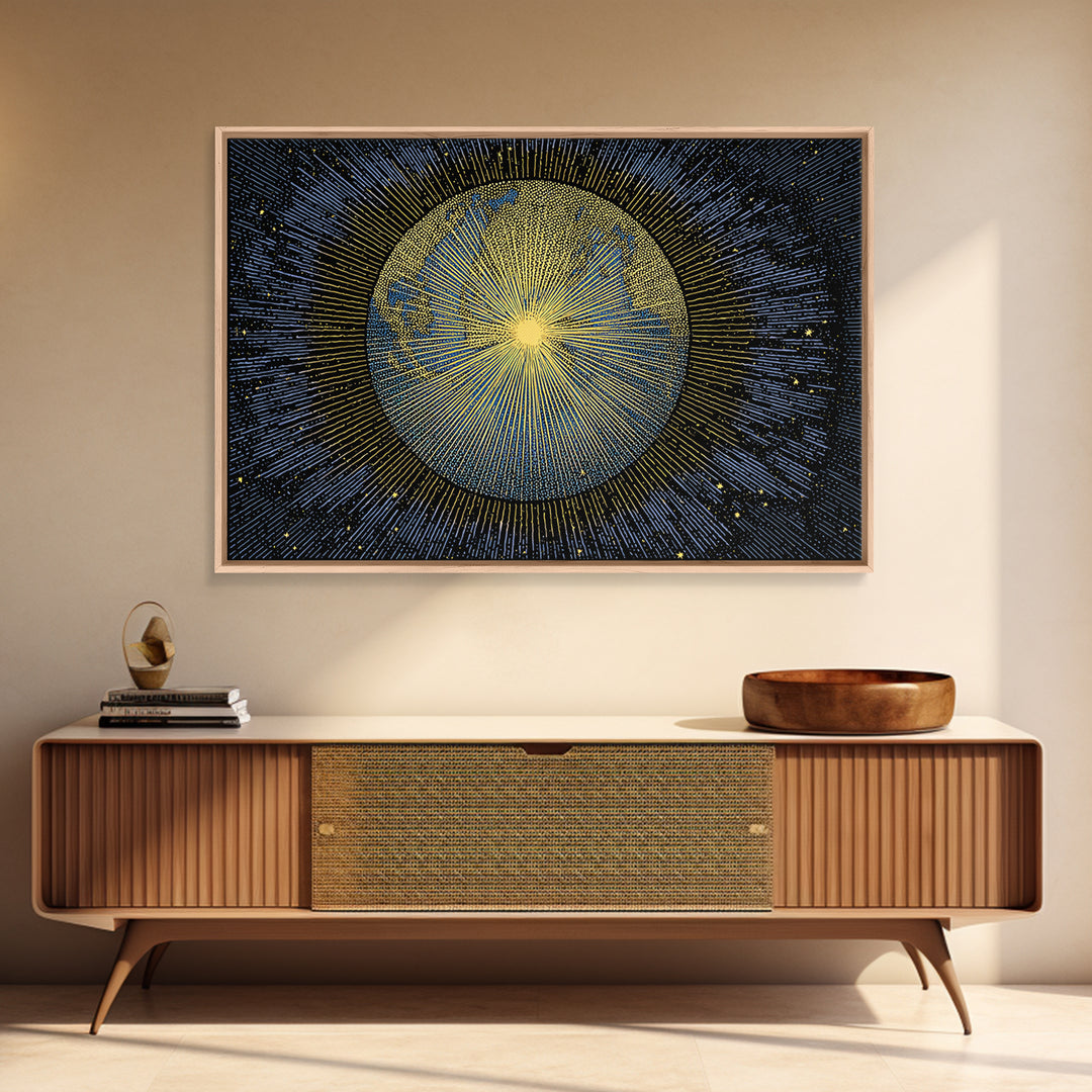 Golden Radiant Sun Planet Canvas Print, Cosmic Space Abstract Art, Midcentury Modern Wall Home Decor, Celestial Poster Gift