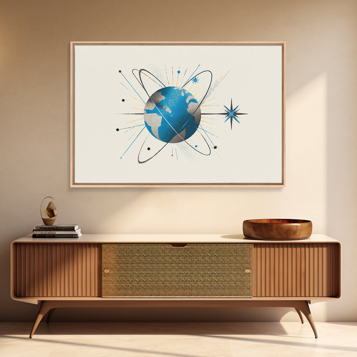 Atomic Blue Globe And Orbit Stars Wall Art, Midcentury Modern Space Poster, Retro Science Print, Cosmic Office Decor For MCM Home
