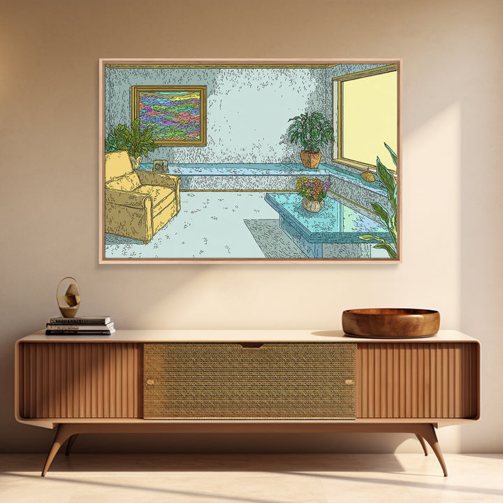 Pastel Aqua Living Room With Yellow Chair Canvas Print, Midcentury Modern Wall Decor, Retro Interior Poster For Home Office