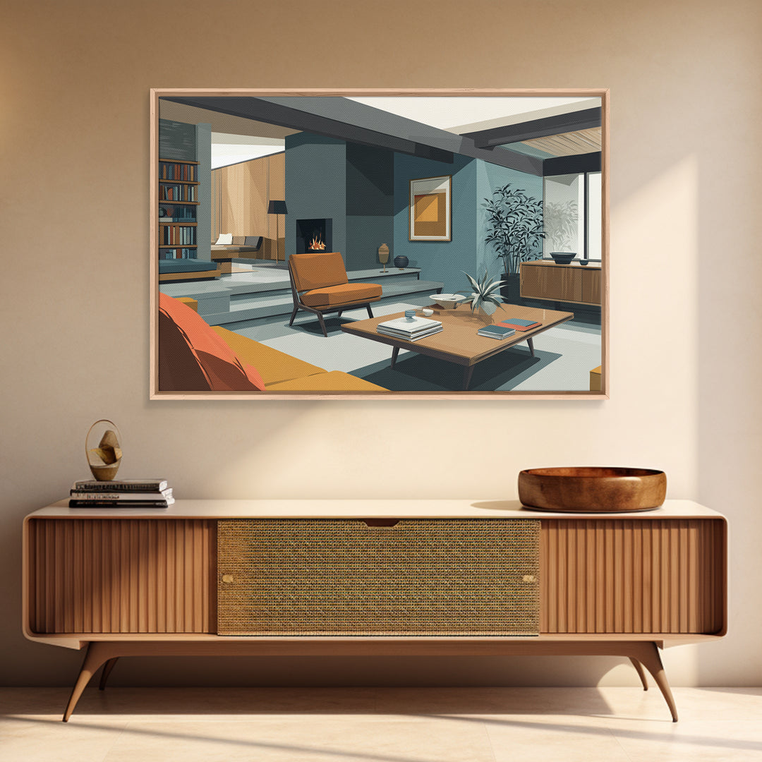 Teal Fireplace Living Room With Orange Sofa Framed Canvas Print, Midcentury Modern Wall Art, Retro MCM Home Decor, Office Poster