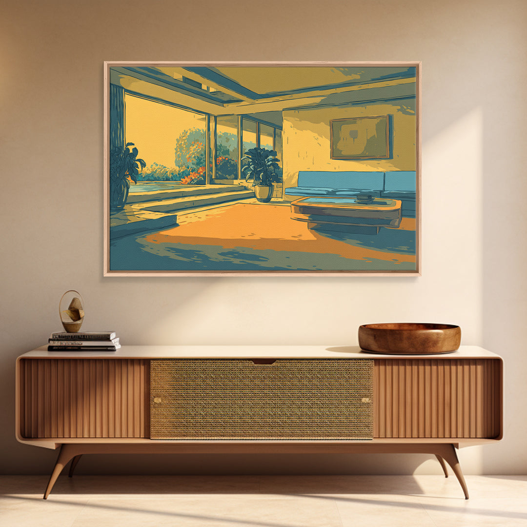 Sunlit Yellow And Teal Lounge With Plants Canvas Print, Midcentury Modern Wall Art, Retro Interior Decor For Living Room