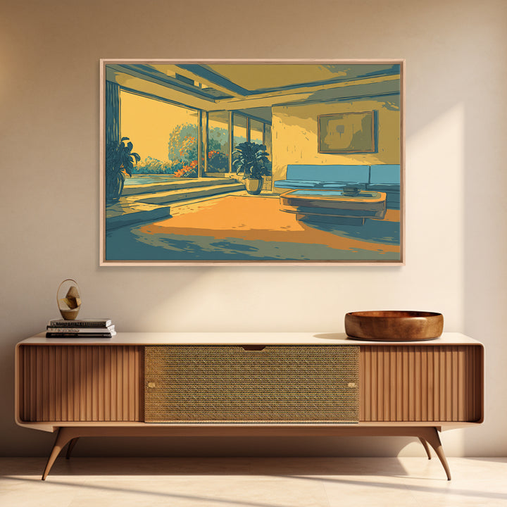 Sunlit Yellow And Teal Lounge With Plants Canvas Print, Midcentury Modern Wall Art, Retro Interior Decor For Living Room