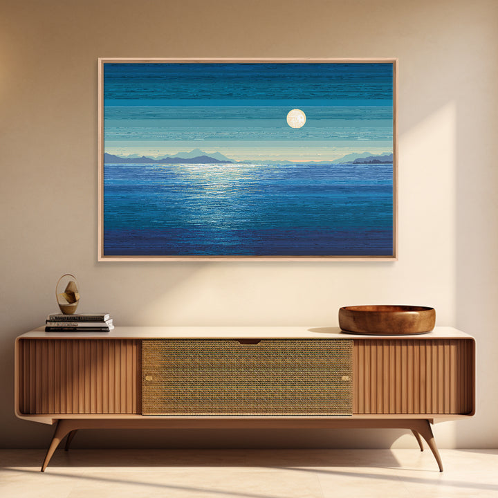 Blue Moon Over Ocean And Distant Mountains Wall Art, Coastal Landscape Print, Modern Home Decor, Serene Bedroom Poster Gift