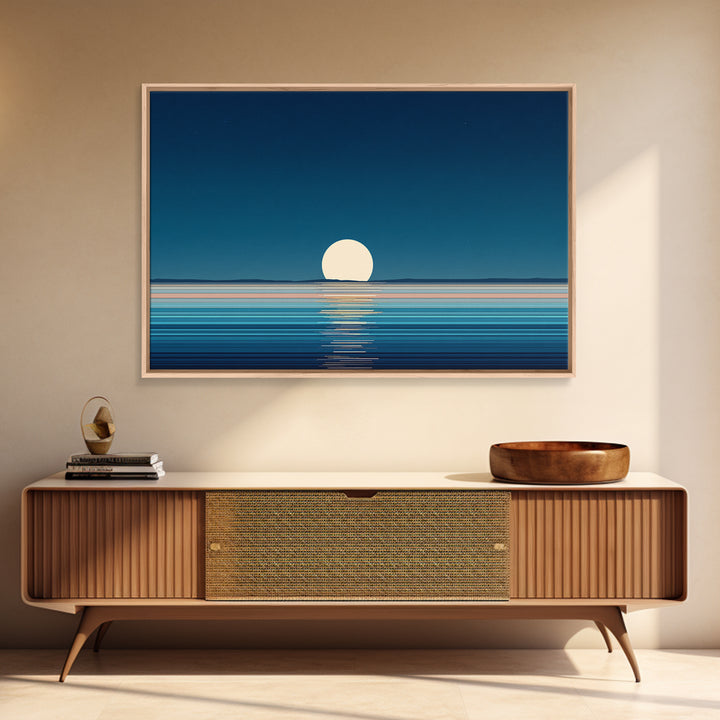 Minimal Full Moon Rising Over Calm Blue Sea Canvas Print, Modern Coastal Wall Art, Serene Ocean Poster For Bedroom Decor