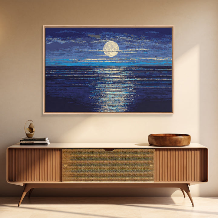 Full Moon Over Deep Blue Water With Glow Wall Art, Modern Coastal Seascape Print, Textured Ocean Decor For Bedroom And Living Room