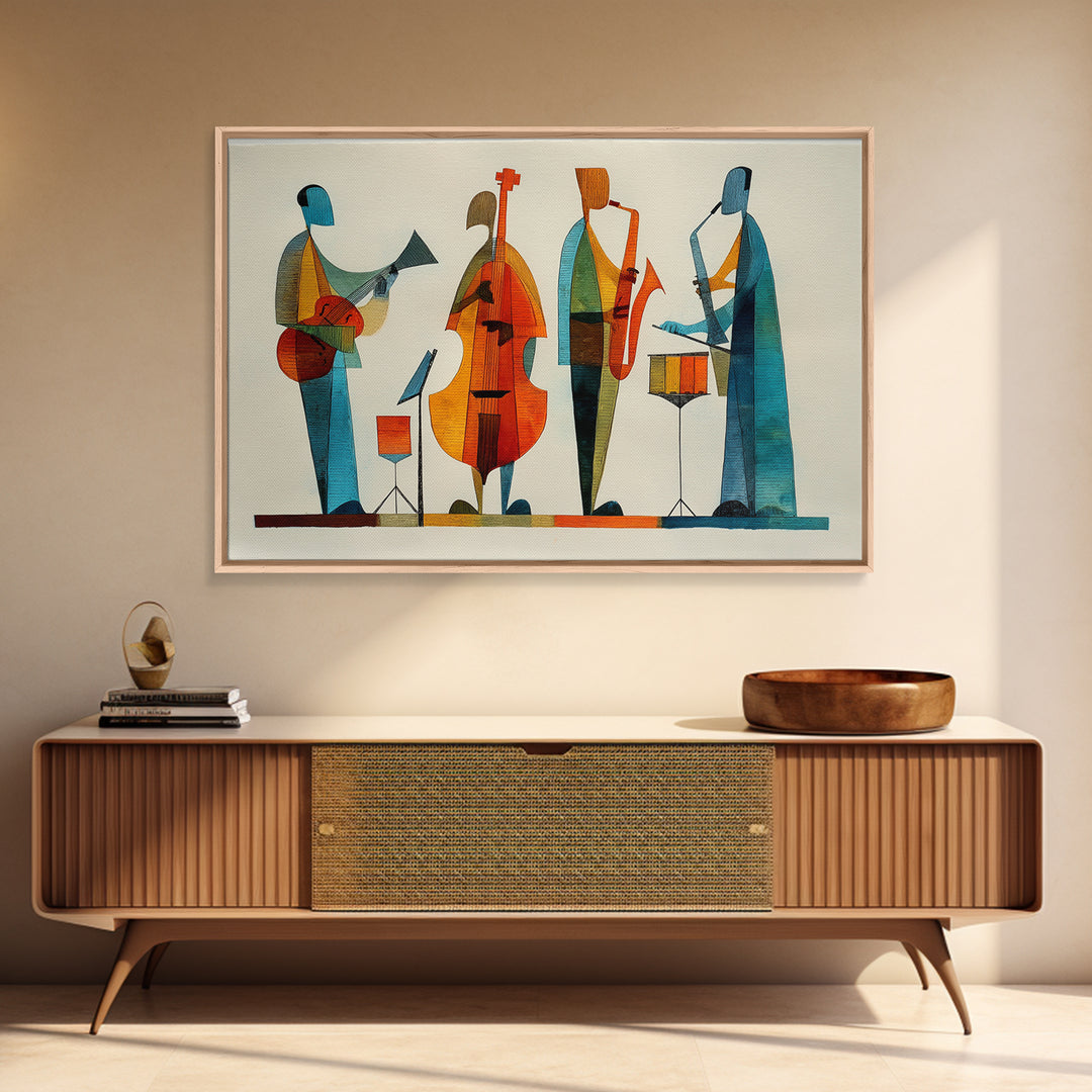 Minimalist Woodcut Jazz Band With Bass And Drums Framed Canvas Print, Midcentury Modern Wall Art, Scandinavian MCM Decor
