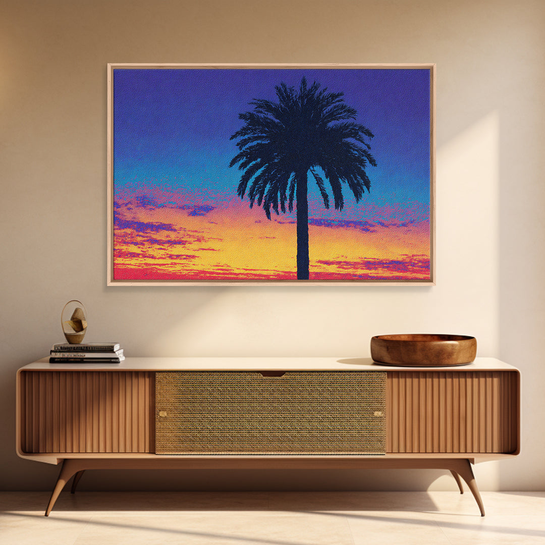 Palm Tree Silhouette At Purple Orange Sunset Wall Art, Retro Tropical Poster, Midcentury Modern Coastal Home Decor, Palm Springs