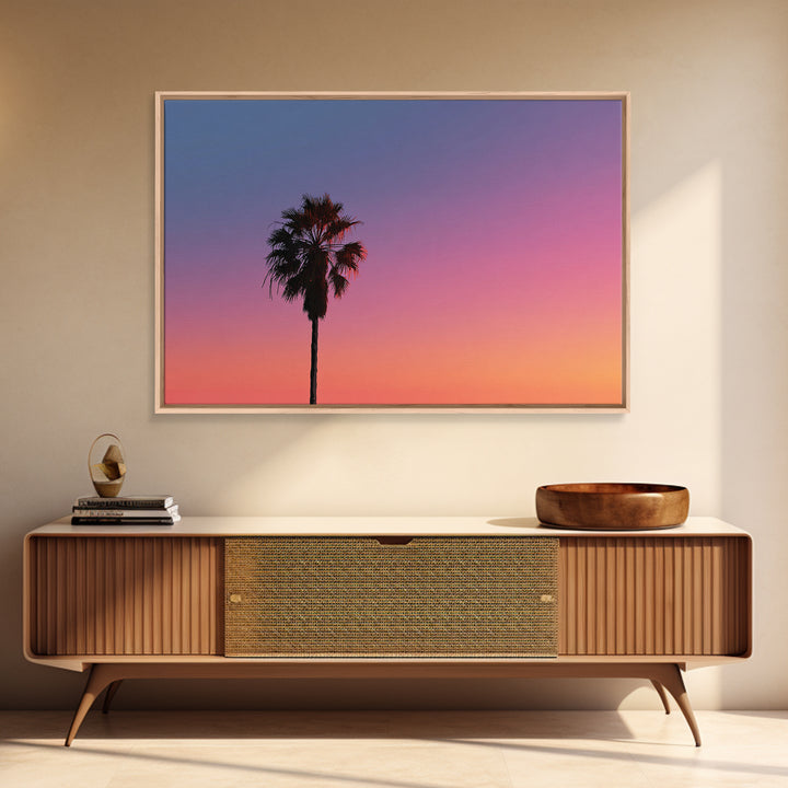 Palm Tree Sunset Silhouette Wall Art, Pink Orange Tropical Canvas Print, Retro Coastal Decor, California Art Print, Living Room Decor