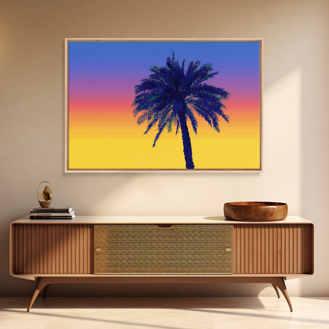 Vibrant Rainbow Palm Tree Wall Art, Mid Century Modern Canvas Print, Tropical Sunset Poster, Colorful Palm Springs Decor