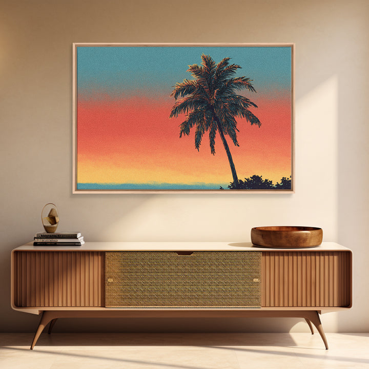 Textured Palm Sunset Wall Art, Retro Tropical Canvas Print, Midcentury Modern Decor, California Poster, Coastal Home Decor