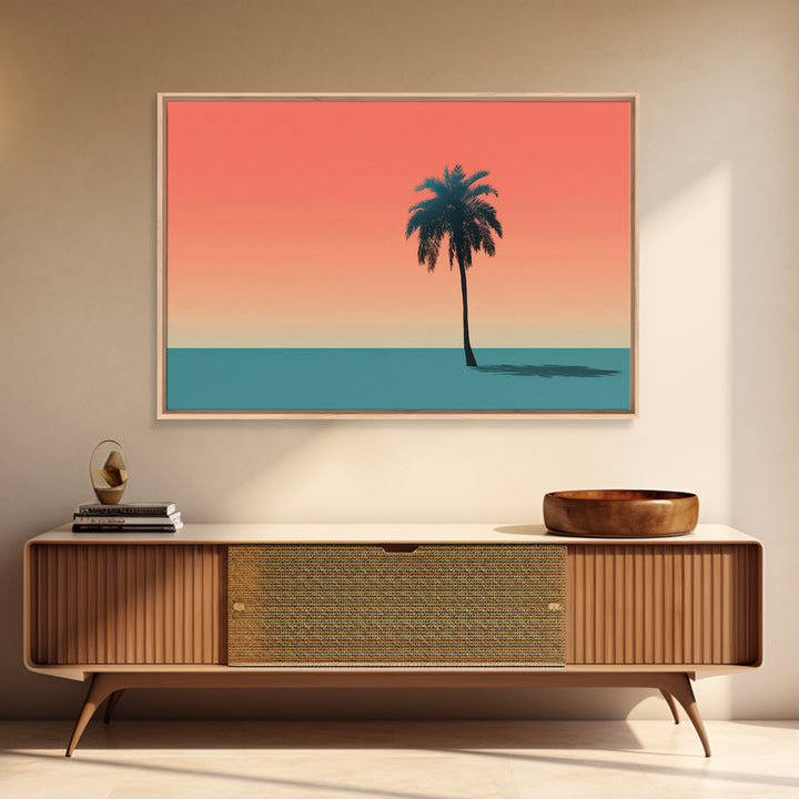 Minimal Palm Tree Shadow Wall Art, Modern Tropical Canvas Print, Teal Orange Sunset Decor, Palm Springs Home Art, Retro Wall Decor