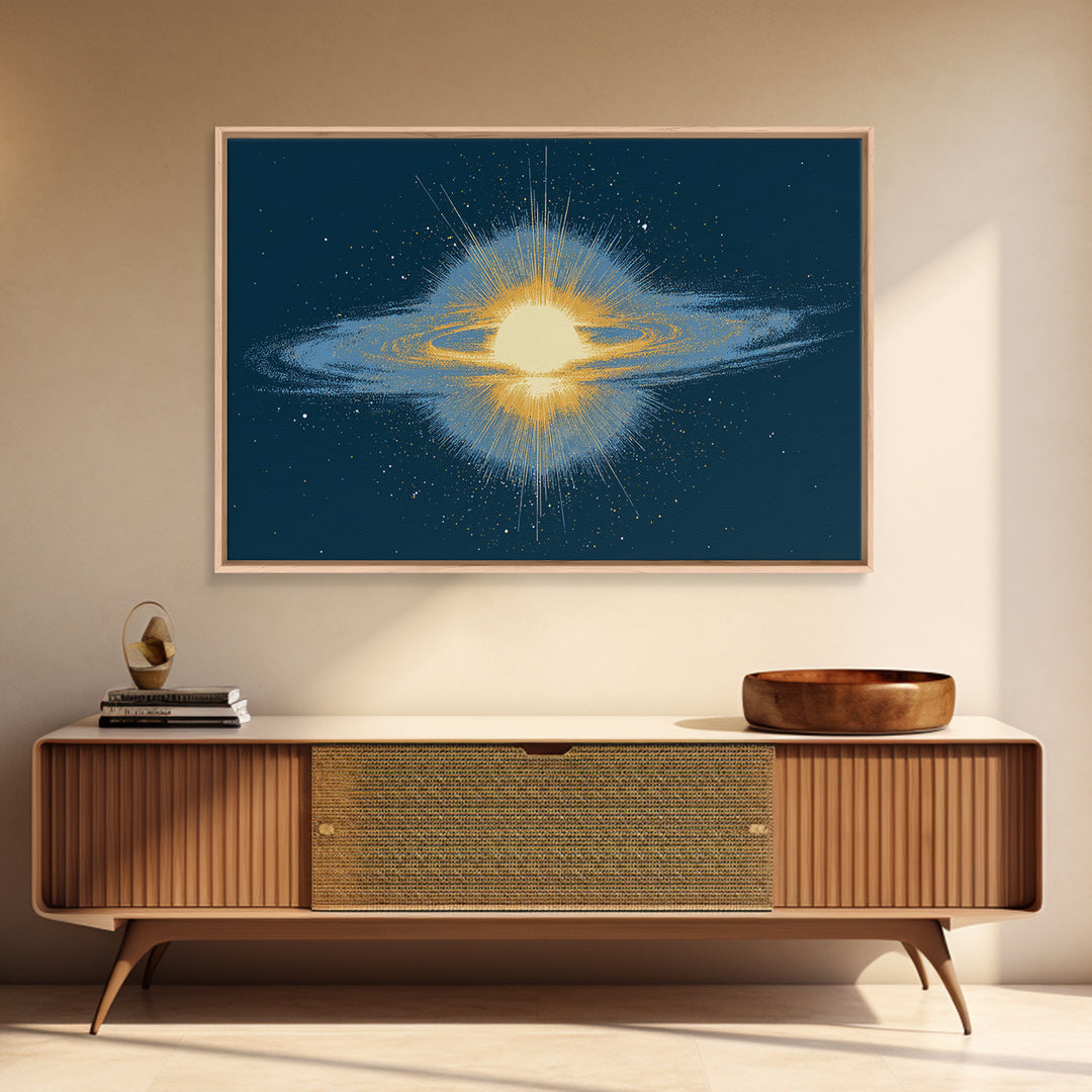 Glowing Galaxy Ring Wall Art, Cosmic Abstract Canvas Print, Space Poster, Modern Digital Art, Blue Gold Star Decor, Sci Fi Wall Art