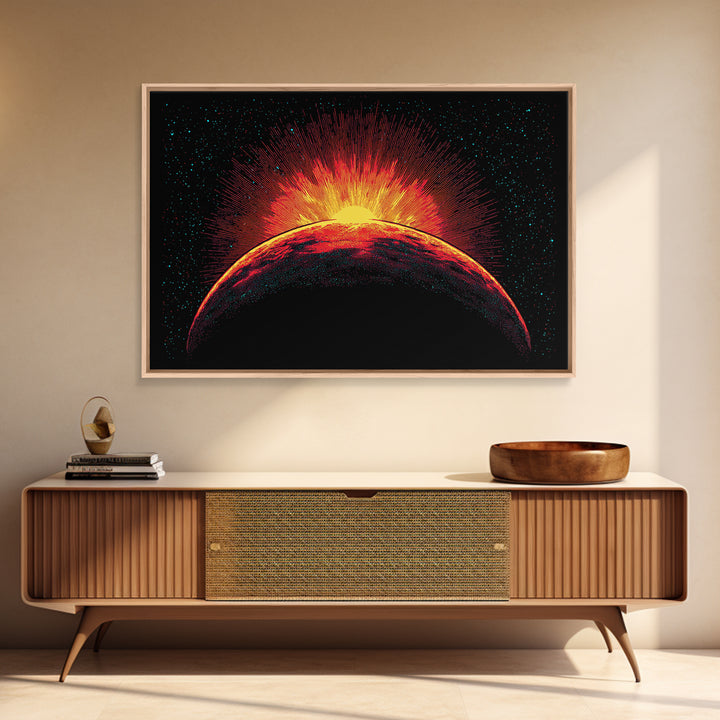 Fiery Red Planet Sunrise Wall Art, Retro Sci Fi Canvas Print, Cosmic Space Poster, Orange Black Modern Home Decor, Art Print