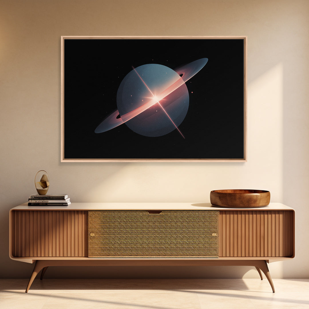 Blue Ringed Planet Wall Art, Saturn Inspired Canvas Print, Retro Space Poster, Modern Sci Fi Decor, Galaxy Art Print Gift