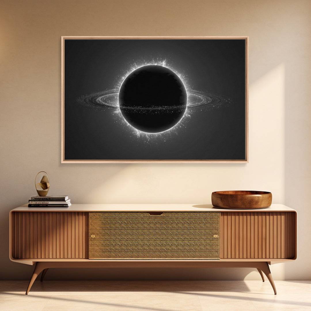 Black Eclipse Ringed Planet Wall Art, Monochrome Space Canvas Print, Modern Abstract Art, Sci Fi Home Office Decor, Poster