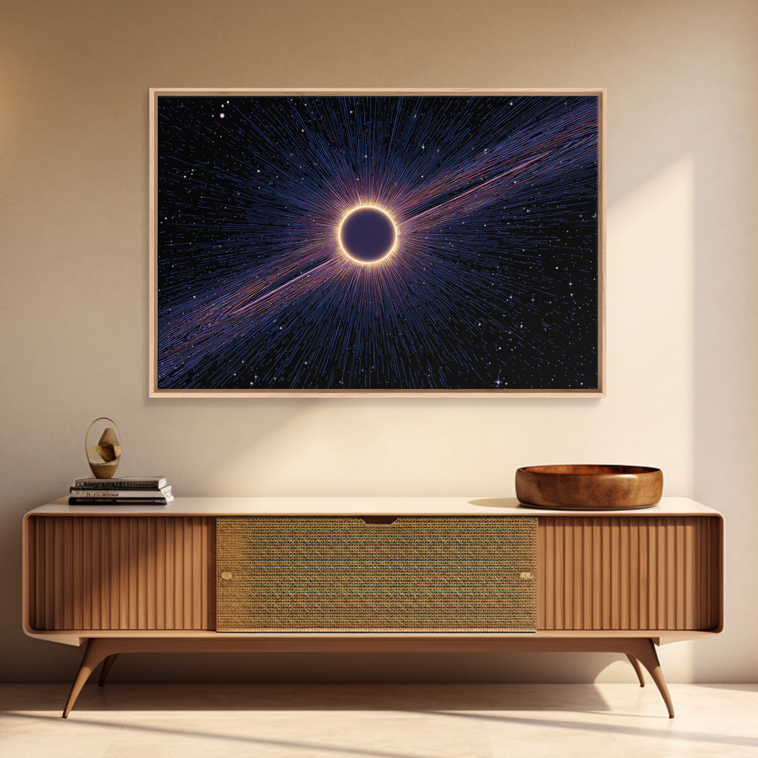 Radiant Solar Eclipse Wall Art, Cosmic Starburst Canvas Print, Space Abstract Poster, Modern Sci Fi Galaxy Decor, Blue Wall Art