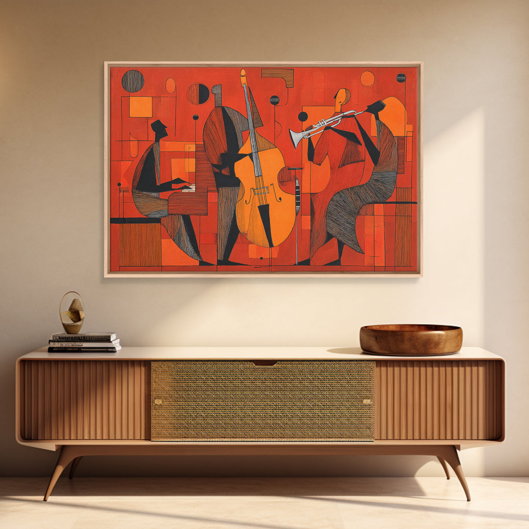 Orange Cubist Jazz Trio With Piano Bass And Trumpet Wall Art, Midcentury Modern Art Print, Atomic Music Room Retro Decor